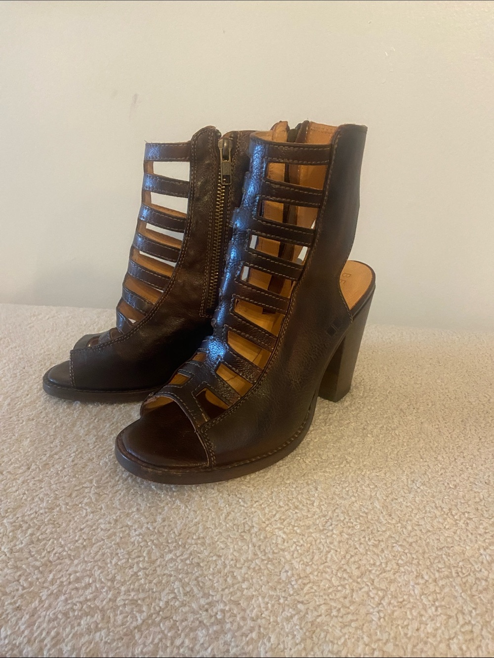 Bed Stu Occam Leather Cage Ankle Sandal Block Heel Size 7 Brown